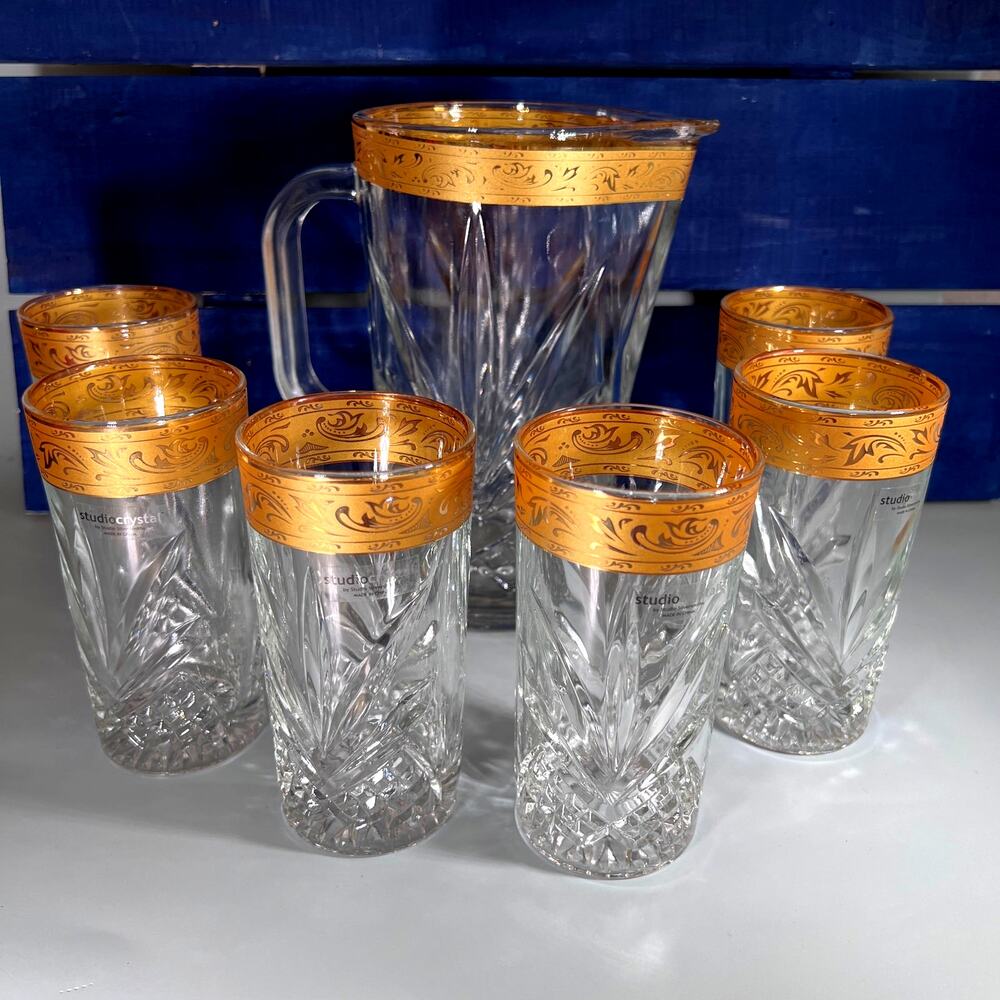 Vintage Studio Crystal By Studio Silversmiths Barware Set With 24kt Gold Rim